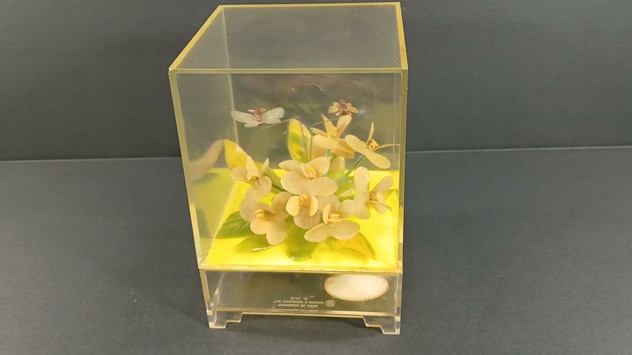 Vintage Berman & Anderson Square Acrylic Music Box with Flowers and Butterflies Movement