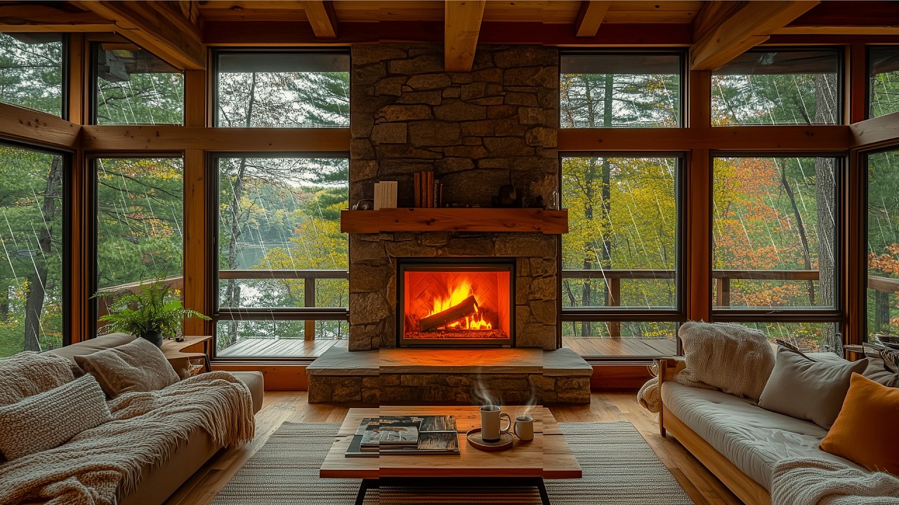 Warm Spring Jazz Music — Rainy Mountain Cabin & Cozy Fireplace for Focus and Study 🌿🌦️