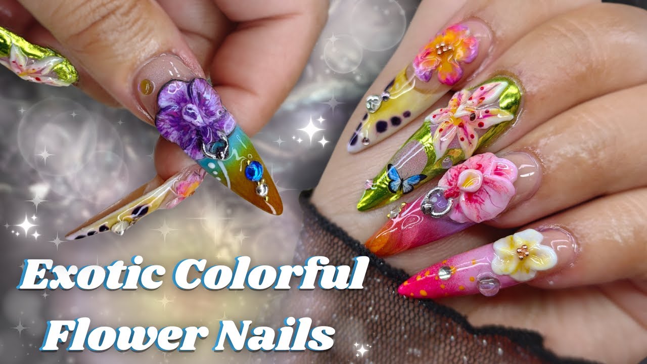 ♡ .｡.:*☆🦋✨ Exotic Colorful Flower Nails | 3D Flower Nails | Summer Nails | Gel Overlay ✨🦋☆*: .｡. ♡