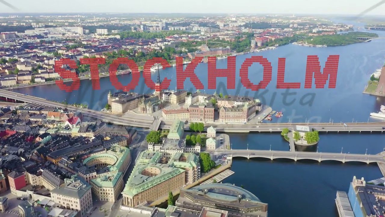 Inscription on video. Stockholm, Sweden. Old Town - Gamla Stan. Riddarholmen. Helgeandsholmen. Aeria