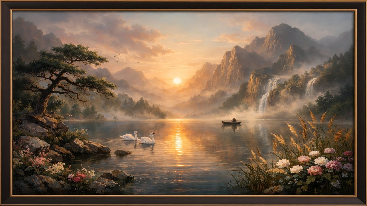TV Frame Landscape Art | Nature Landscape Wall Art – Mountain Lake, Sunset, Swans & Fisherman