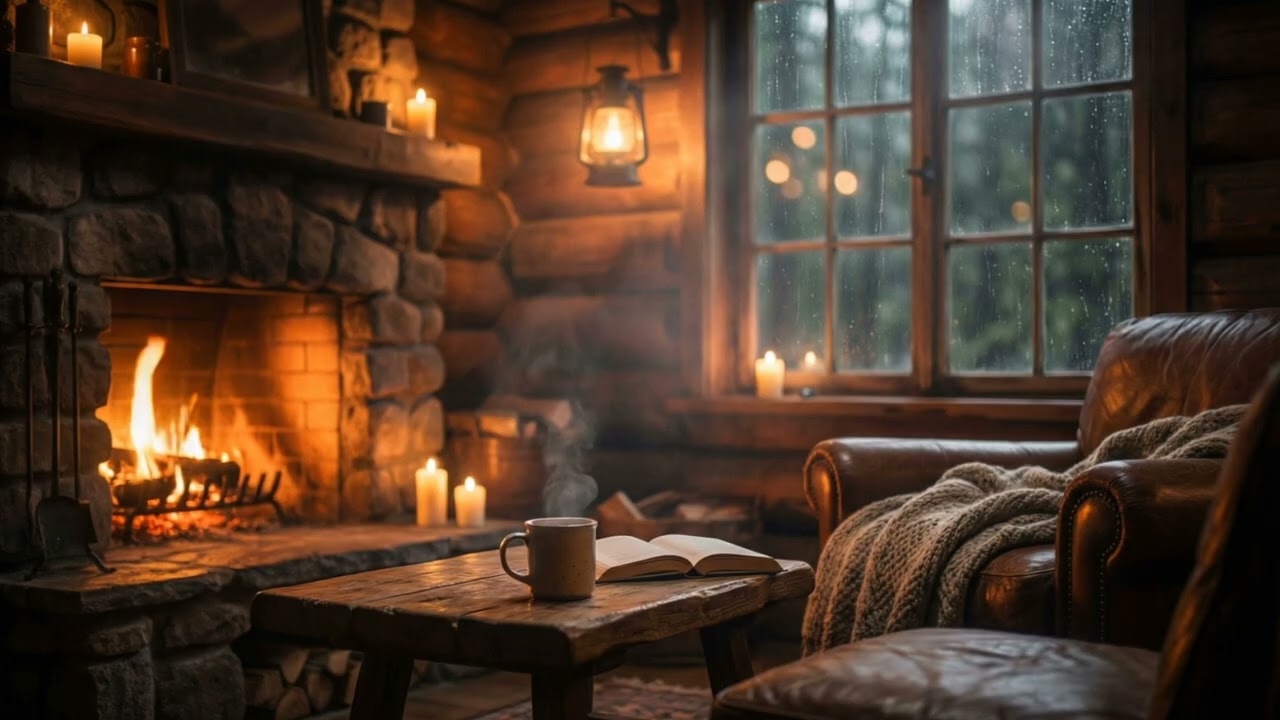 Sleep by the Cozy Cabin Fireplace 🔥 Soft Wind Night Ambience (8H)