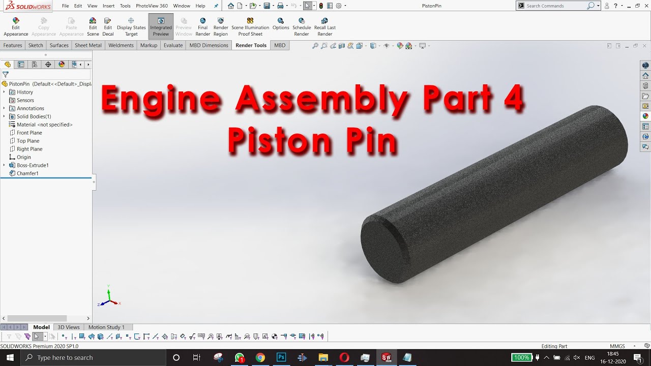 Engine Assembly Part 04 - Piston Pin | SOLIDWORKS 2020 | Beginners Tutorial