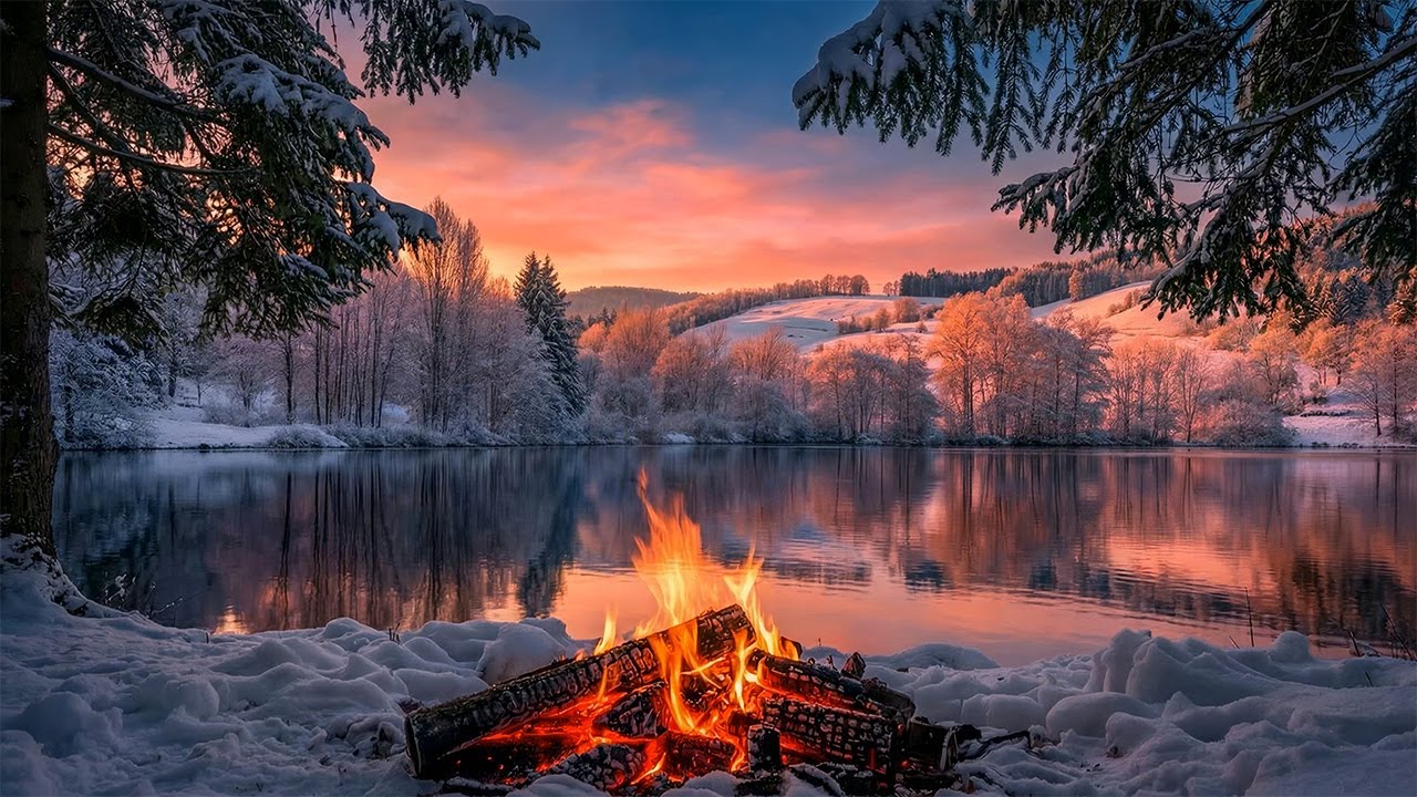 Beautiful Winter Morning by the Lakeside ❄️ Gentle Fire Crackling & Peaceful Nature Ambience