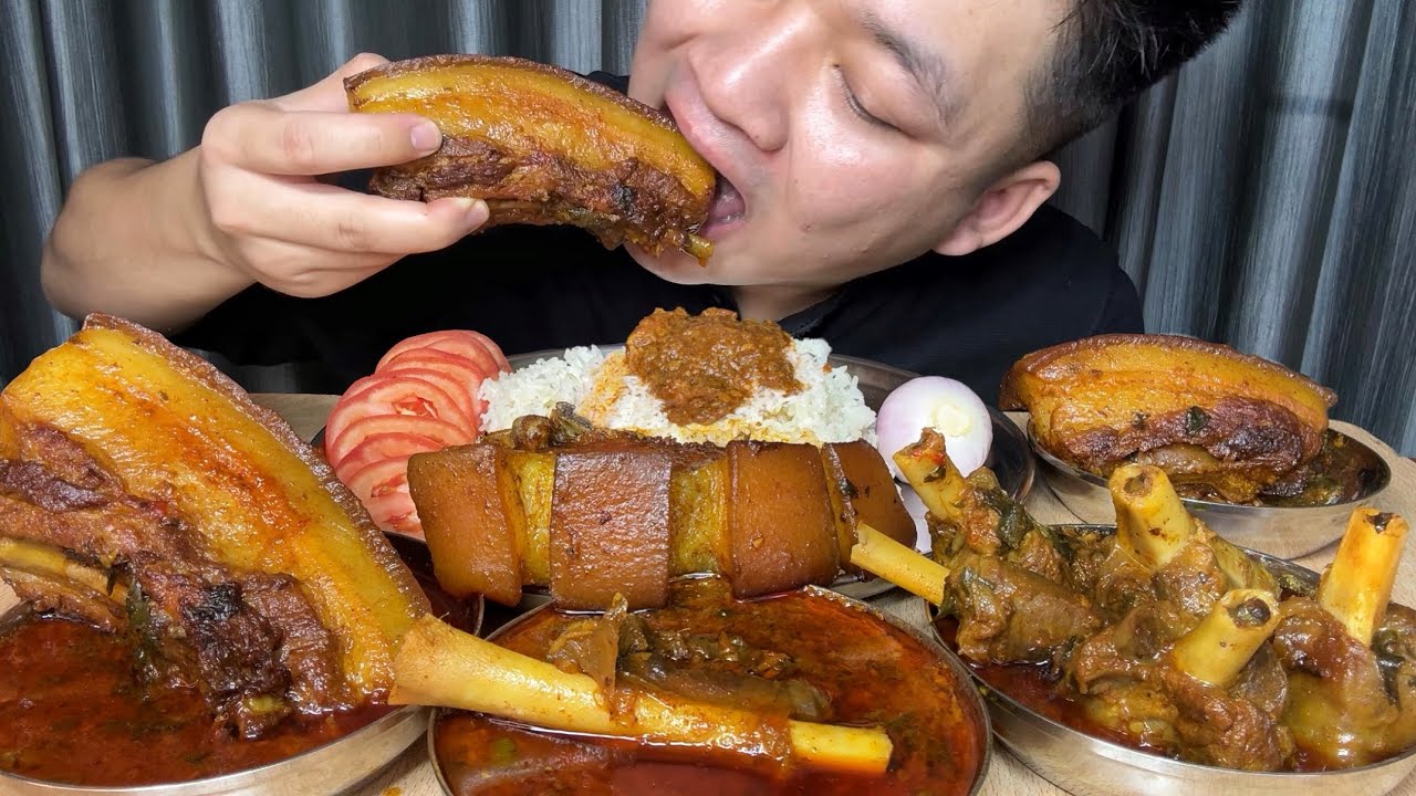 EATING VERY HUGE PORK BELLY & PORK RIBS & MUTTON CURRY & EXTRA GRAVY || MANIPUR NORTHEAST INDIA 🇮🇳