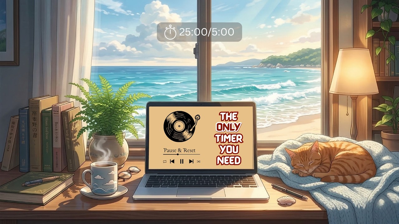 The ONLY Timer You Need 🌊 Ocean Waves & Lofi (25/5 Pomodoro) | Shinkai Aesthetic Study With Me