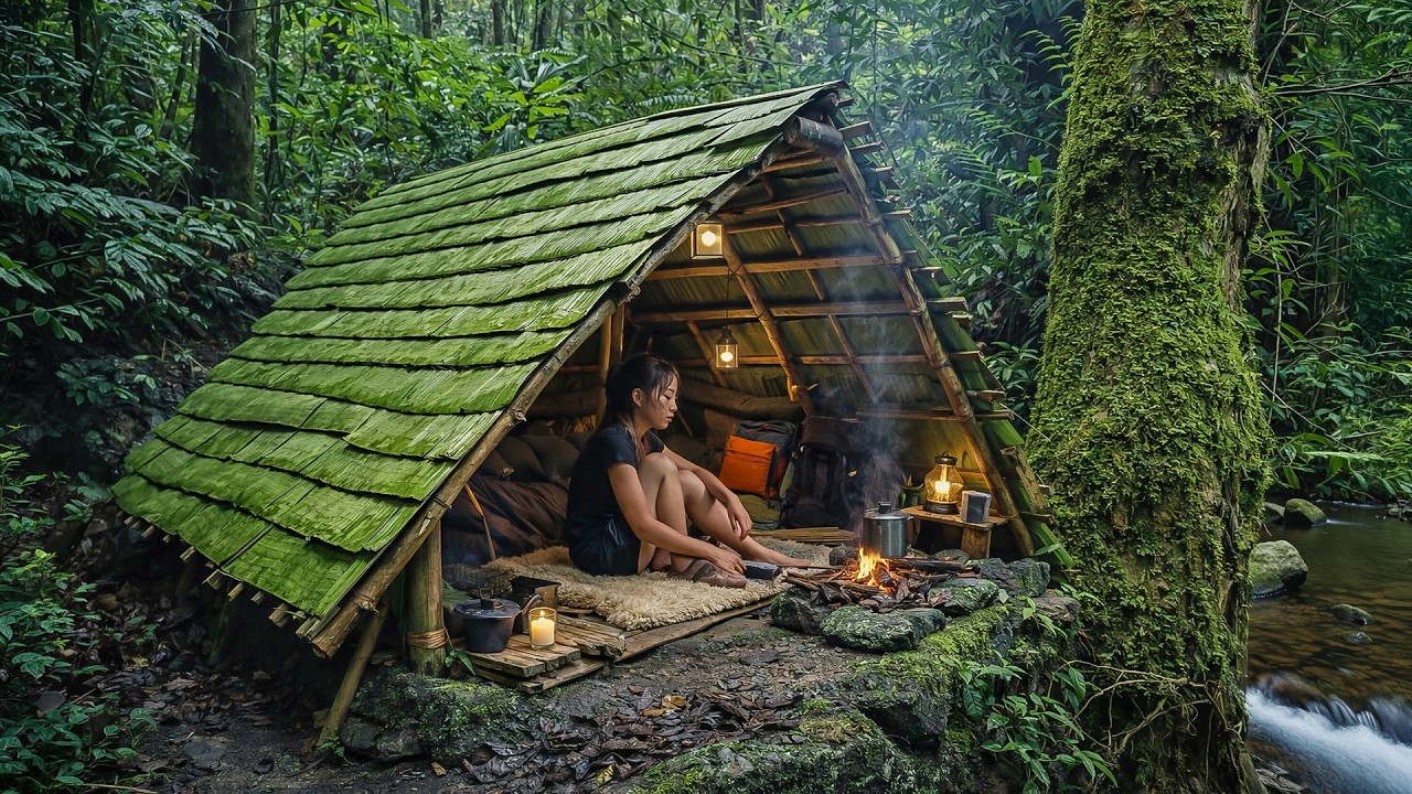 Solo Survival: Building Banana Leaf Tent Next to the River in Tropical Rainforest – Jungle Bushcraft