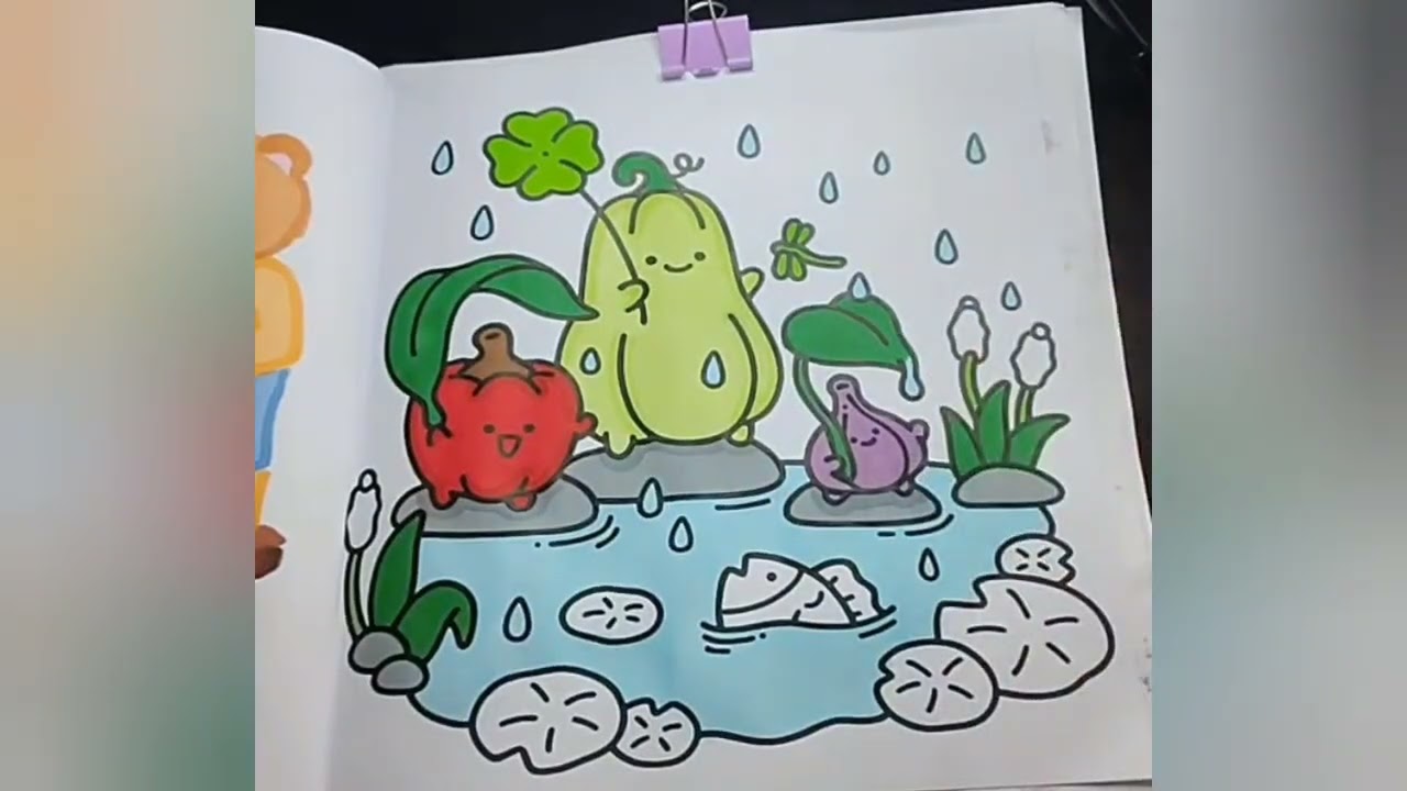 Legumes e frutas curtindo a chuva com alegria! #coloring #livrodecolorir #colorwithme 