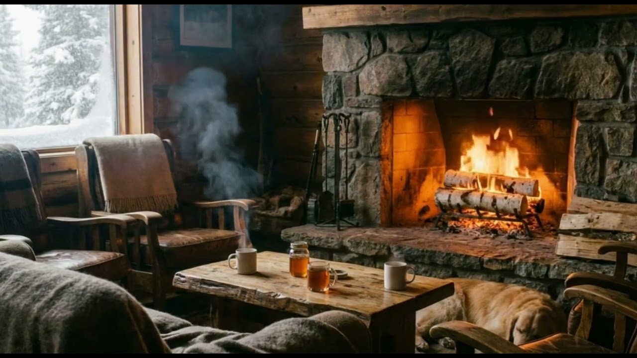 Cozy Winter Cabin Fireplace 🔥 Birch Wood Fire, Snowstorm Outside for Sleep & Relax (1 Hour)