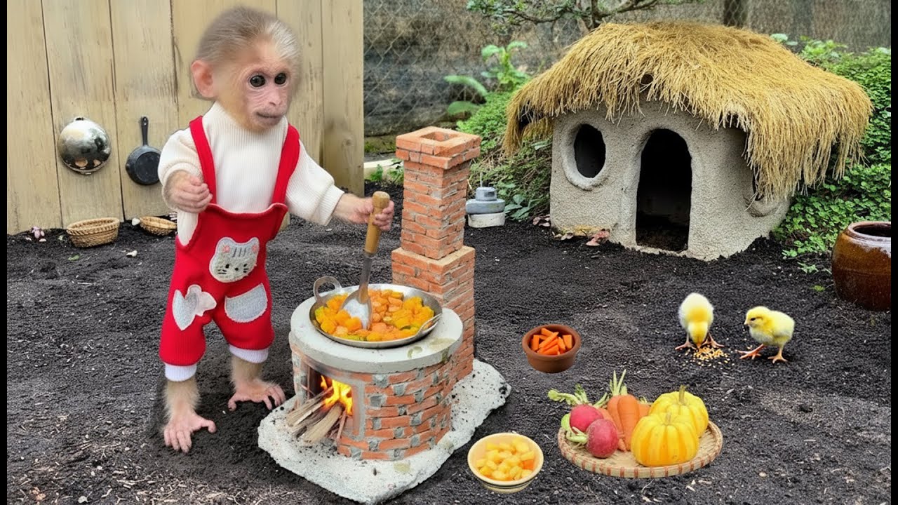 Smart baby Monkey Xuka harvests carrots and pumpkins to make curry soup.
