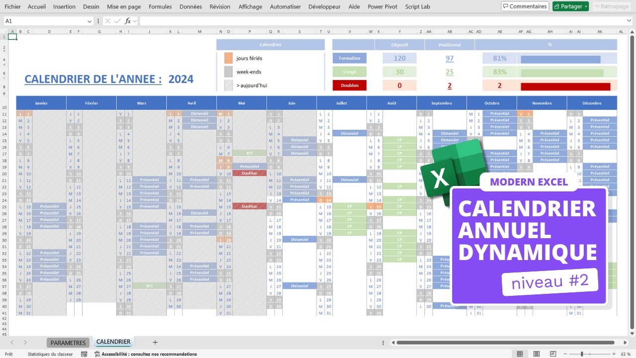 Cr&eacute;er un calendrier dynamique annuel #2 (complexe mais complet) - Tuto Excel