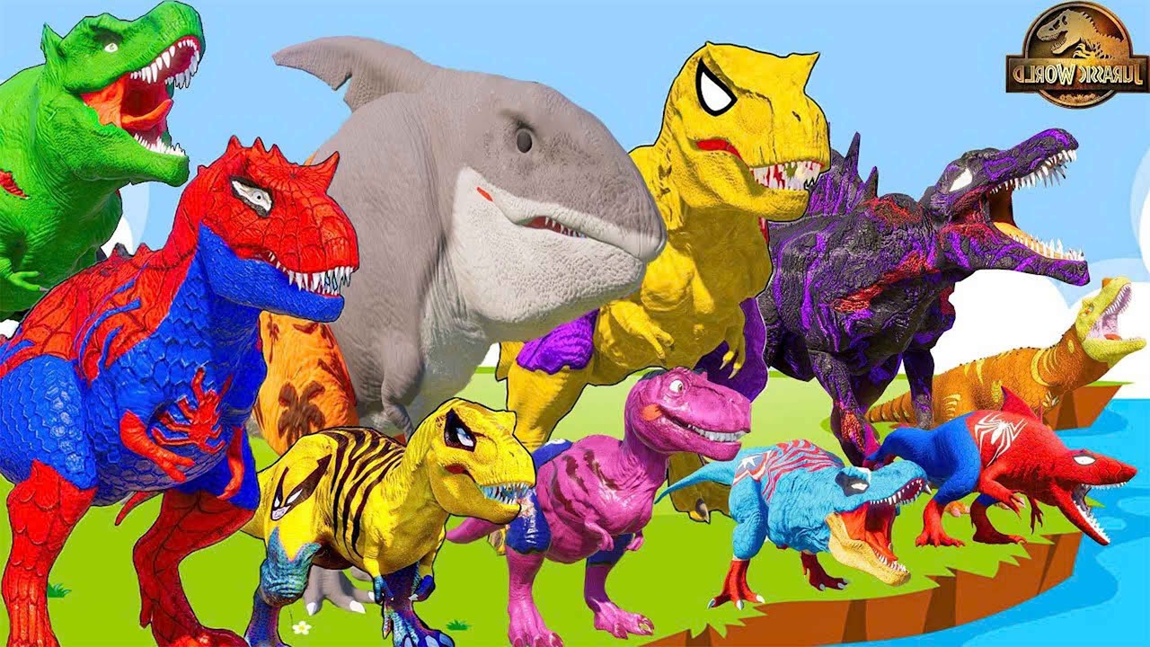 Superheroes Spiderman T-Rex vs All Dinosaurs Fighting in Spider-Man Bridge Jurassic Spiderman