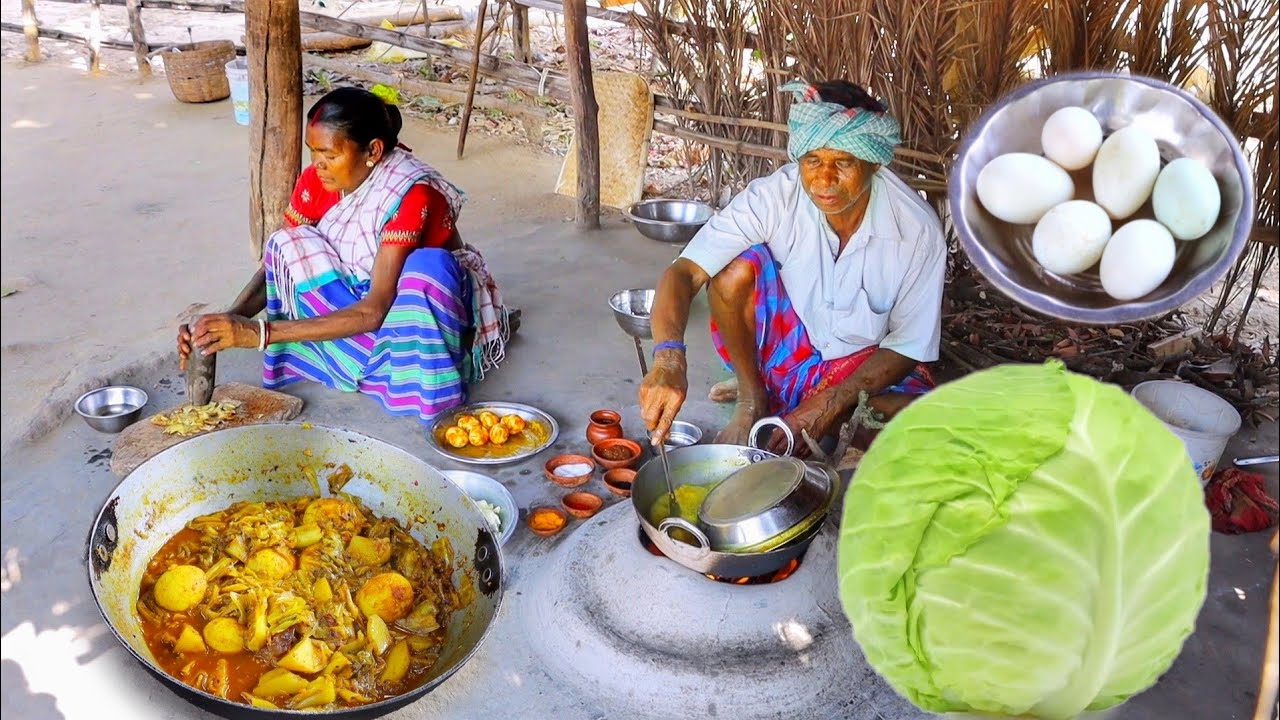 EGG CABBAGE CURRY and Chalta Dal cooking & eating by our santali tribe grandmaa