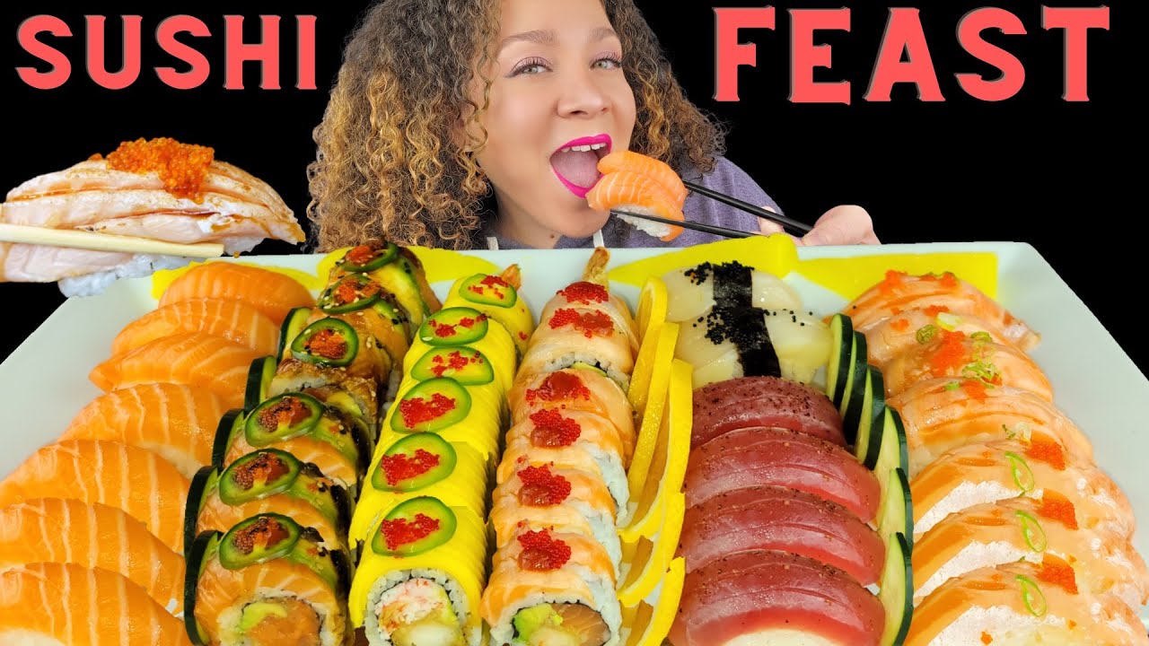 ASMR SUSHI FEAST| RAW SALMON NIGIRI,  ABURI, RAW TUNA, SUSHI ROLLS | SUSHI MUKBANG | PandaEats ASMR