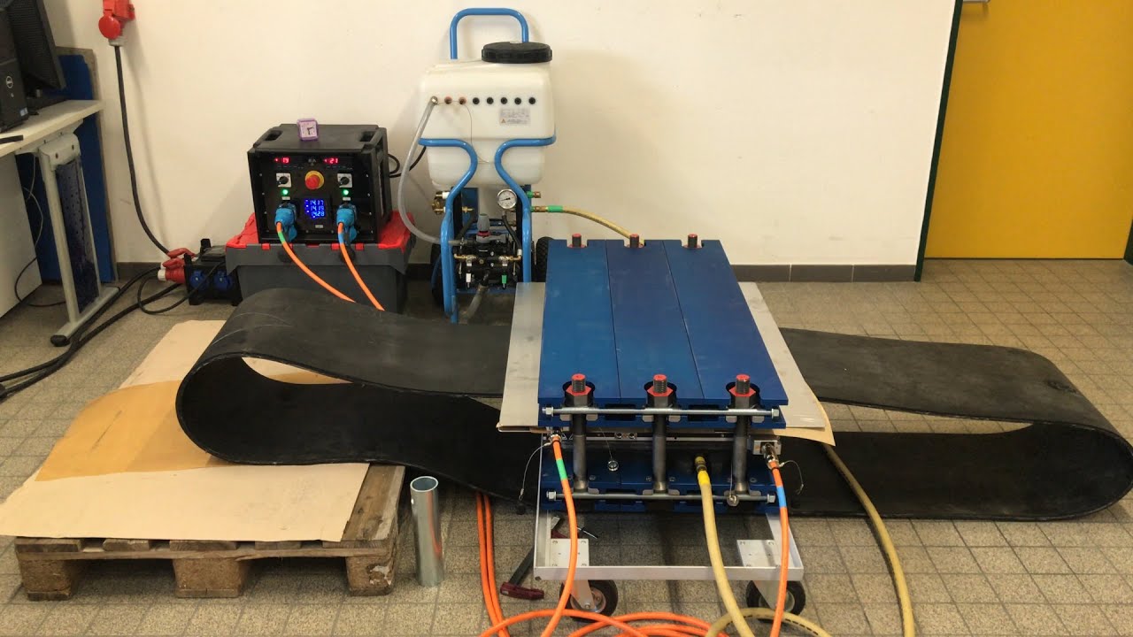 Hot Splicing of conveyor belt with Multiface 5 and a Waterbag Vulcanizing Press PWG-800-525-70A