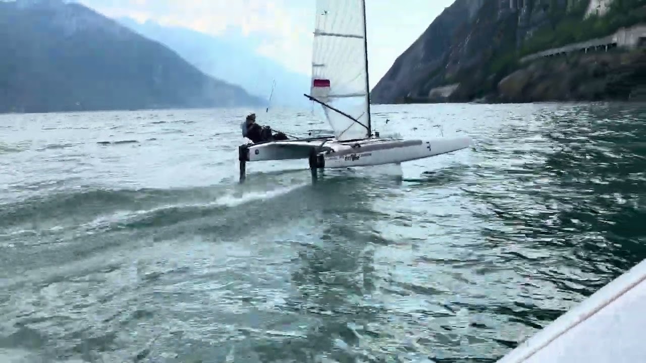Attempt for a foiling tack on A Class Catamaran Foil in Garda
