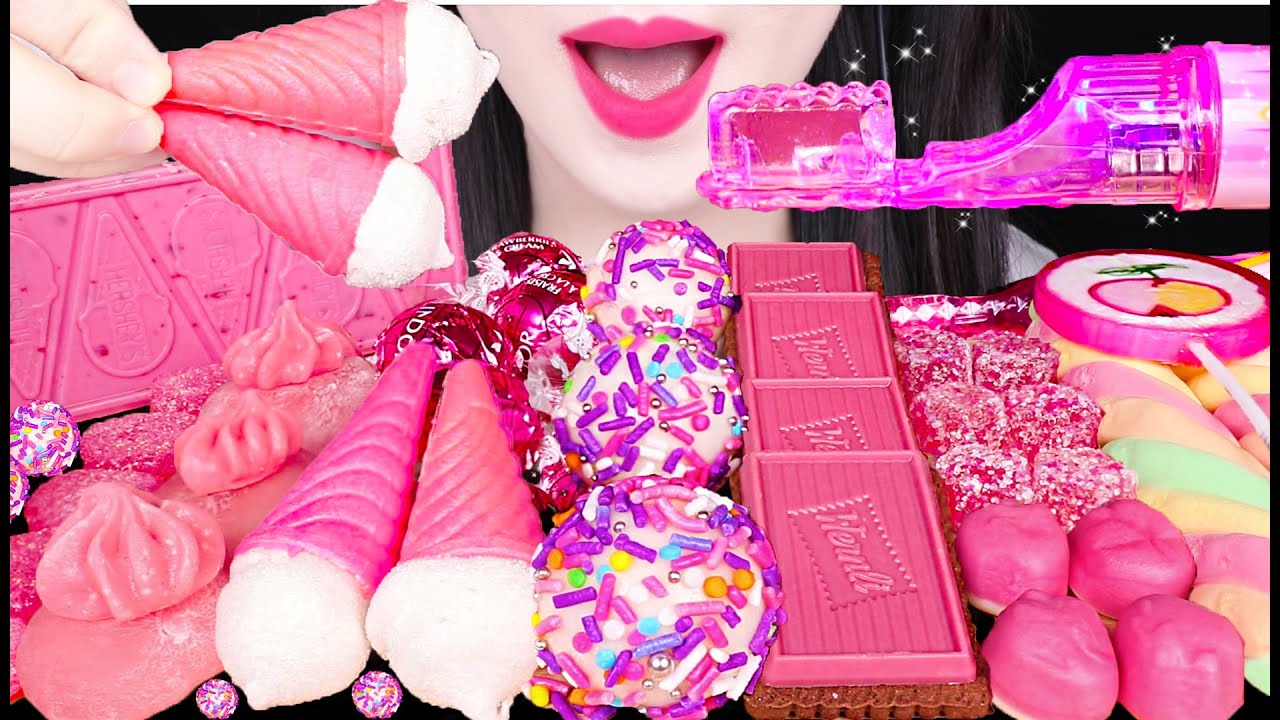 ASMR PINK FOOD *LIGHT TOOTHBRUSH POP, STRAWBERRY HERSHEY'S CHOCOLATE 반짝반짝 불빛 칫솔 캔디 먹방 JANE ASMR 제인