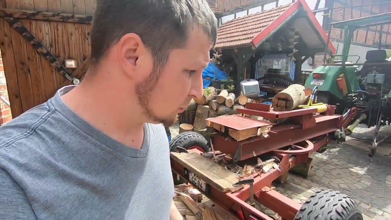 Holz spalten und es ist ein Gast zu Besuch