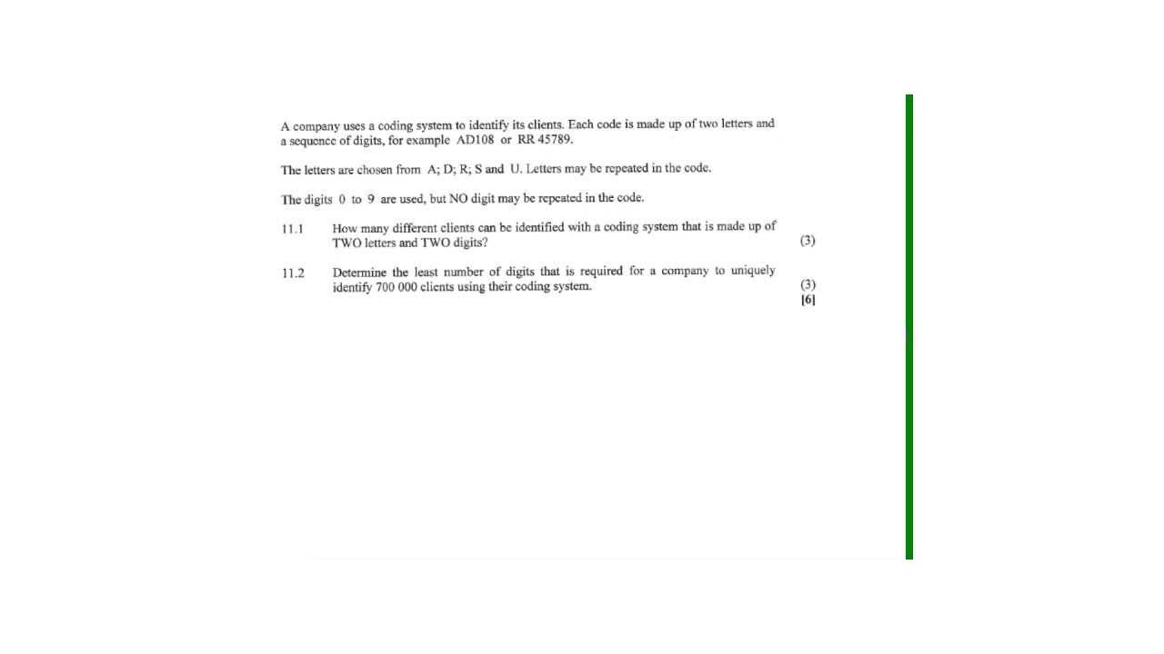 November 2017 Mathematics Paper 1 question 11 counting principle.