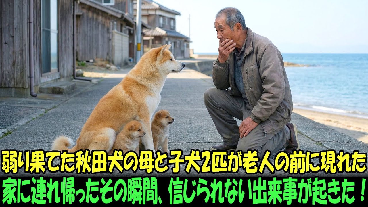 【奇跡の実話】弱りきった秋田犬の母犬と2匹の子犬が、老人に助けを求めてきた…家に連れ帰ったその瞬間、信じられない出来事が起きた！