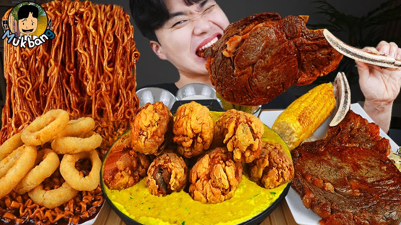 ASMR MUKBANG | Жареный цыпленок, стейк, лапша с черной фасолью, кимчи Корейская еда