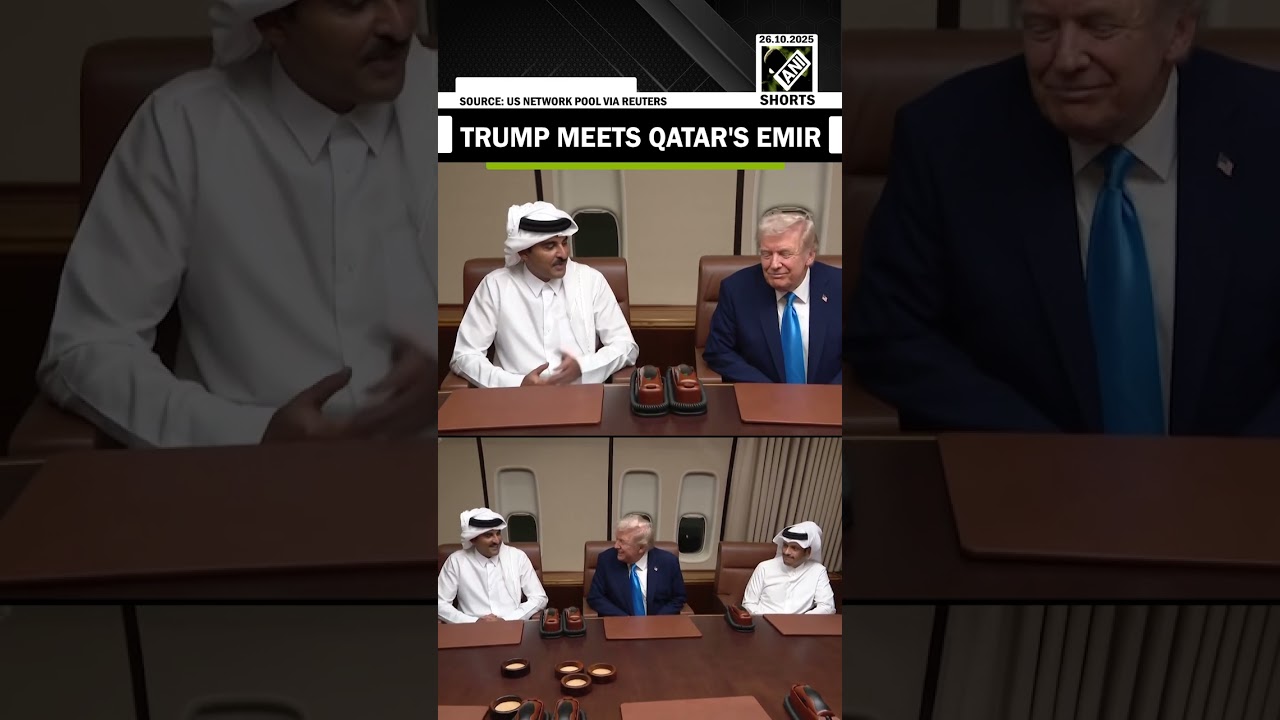 President Trump meets with Qatar's Emir aboard Air Force One during stop en-route to Malaysia