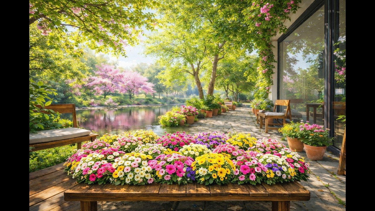Spring Lakeside Café Ambience | Relaxing Piano & Acoustic Guitar for Study, Work & Calm Mornings
