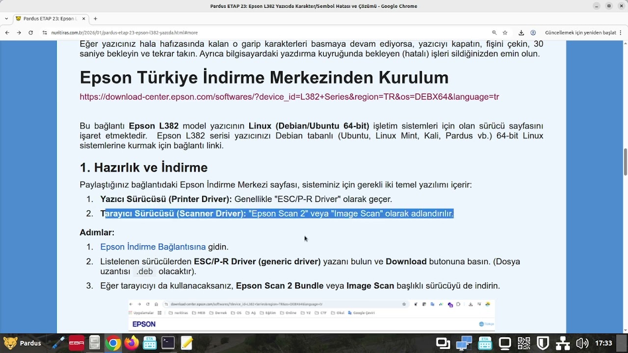 Pardus ETAP 23: Epson L382 Yazıcıda Karakter/Sembol Hatası ve Çözümü