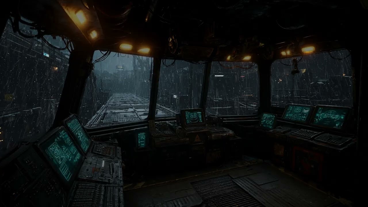 Hyper-Realistic Ship Bridge with Snowy Industrial City and Relaxing Rain & Thunderstorm Sounds