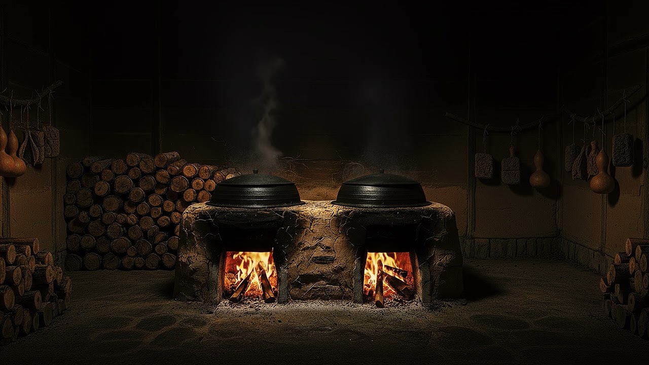 Old Korean Kitchen Hearth ASMR | 10 Hours Warm Fire Sounds at Night