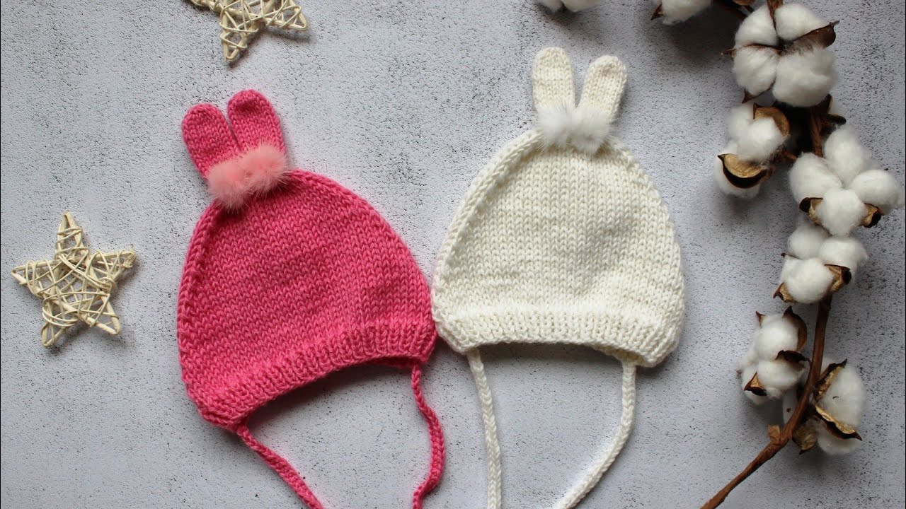 Чепчик зайчик спицами/ лучший чепчик для новорожденных🐰