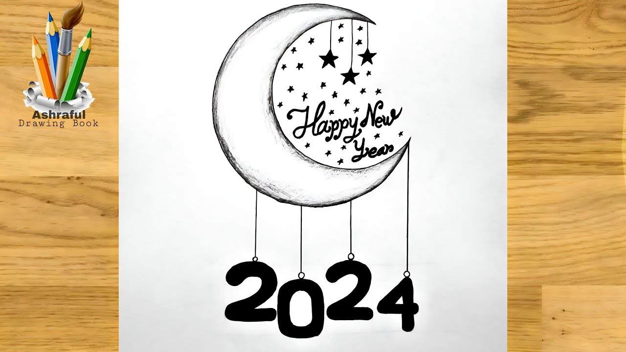 How to draw happy new year card ''2024'' with pencil || Easy drawing moonlight scenery ||