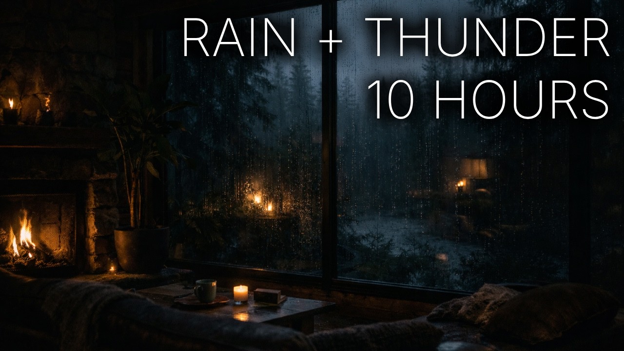 Rain, Thunder & Fireplace Sounds 🌧️🔥| 10 Hours • Night Cabin Ambience • ASMR