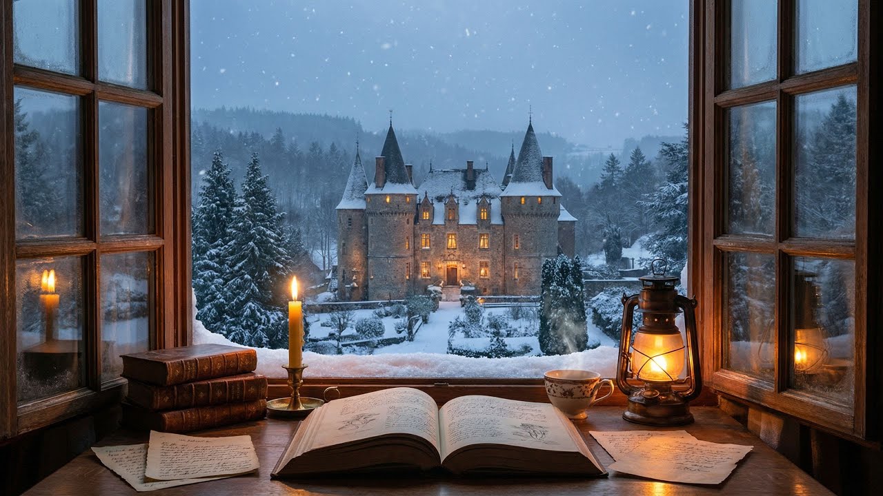 Cozy Gothic Library Ambience in Snowy Winter | Snowy Ambience | Melancholy Piano & Dark Academia