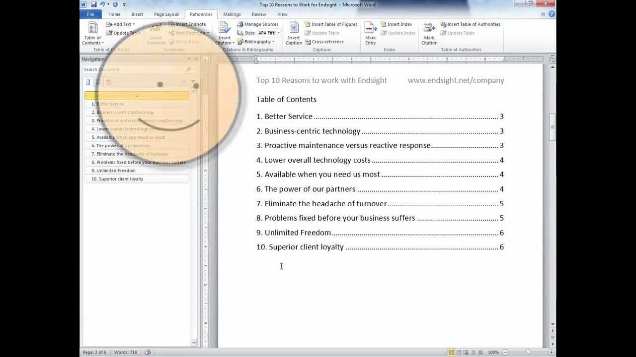 Table of Contents in Word