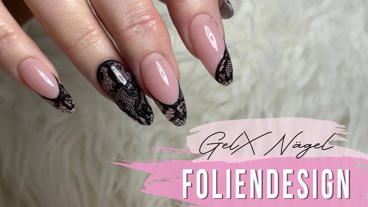 GelX Nägel | Foliendesign mit schwarzer Spitze