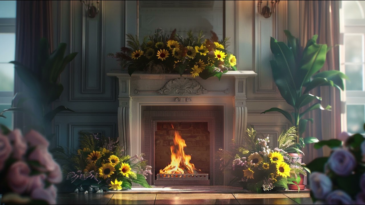 🌻 Spring Fireplace Ambience | Fire Sounds Crackling & Cozy Atmosphere