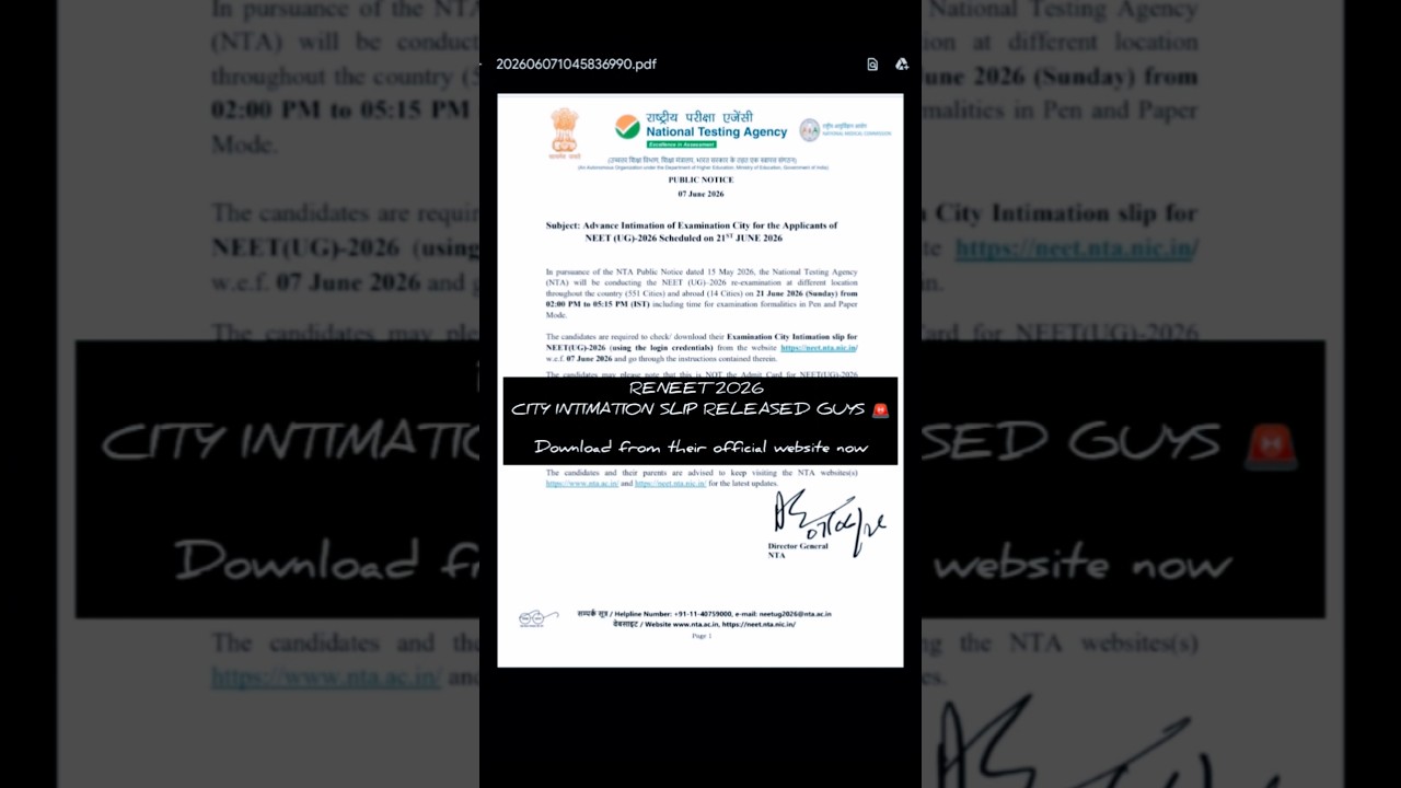 RE-NEET 2026 City Intimation Slip OUT! 🚨 #reneet #neet #nta
