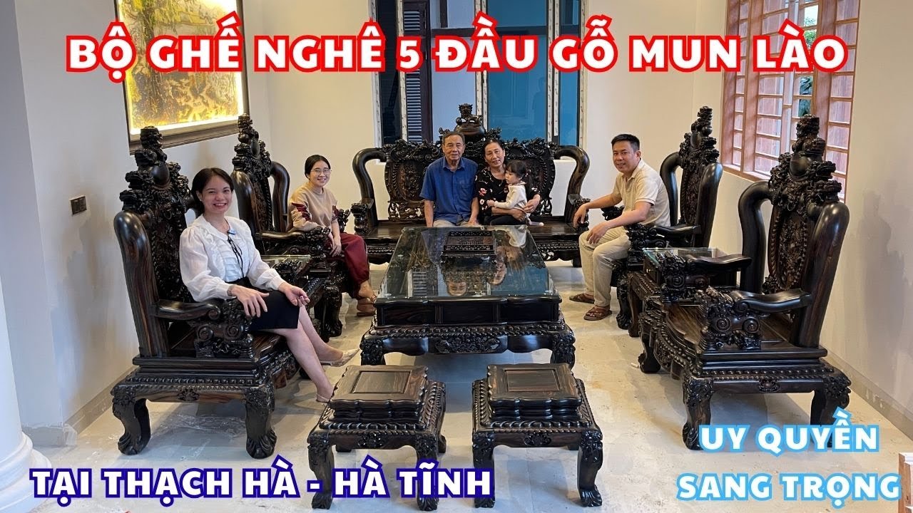 Bộ bàn ghế Nghê 5 Đầu gỗ Mun hoa Lào cột 12 đã có mặt tại Hà Tĩnh Quê Ơi