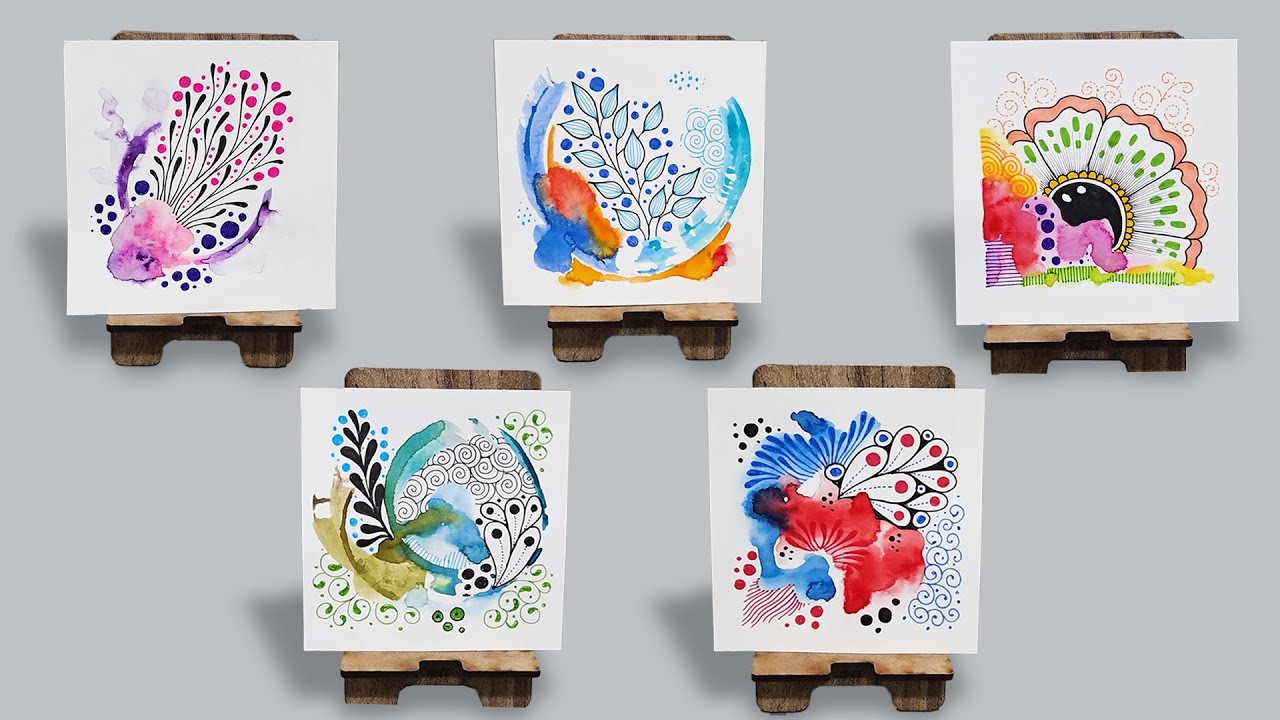 5 Very Easy Watercolor Zentangle Tutorials | Relaxing & Creative Mini Zentangle Art