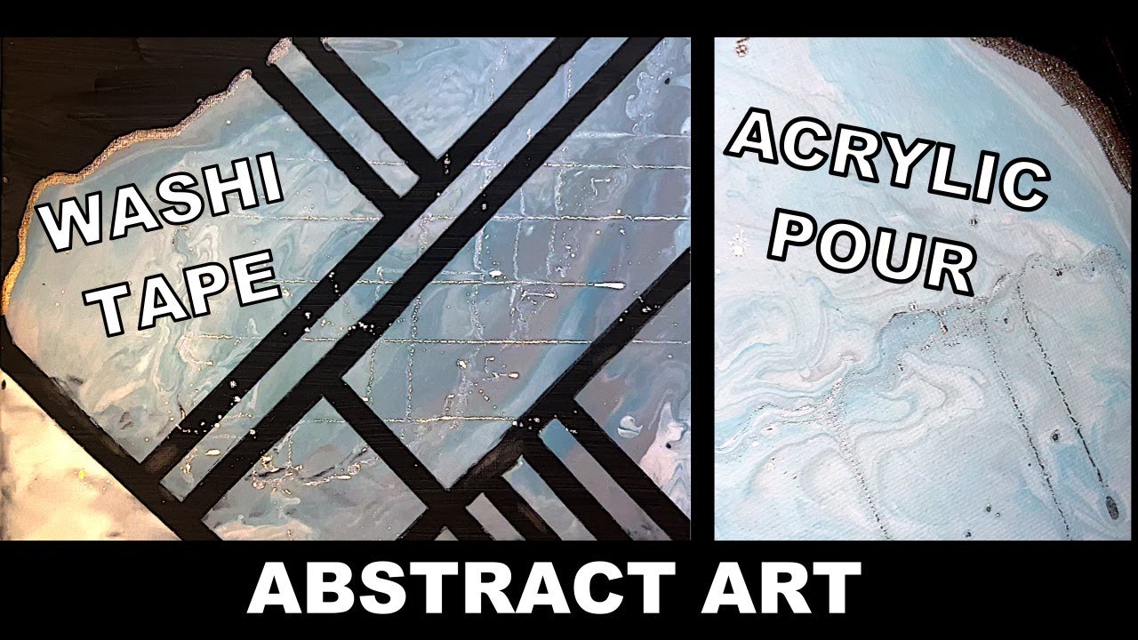 Blue and Silver Abstract Geometric Art with Washi Tape | Acrylic Pour Painting