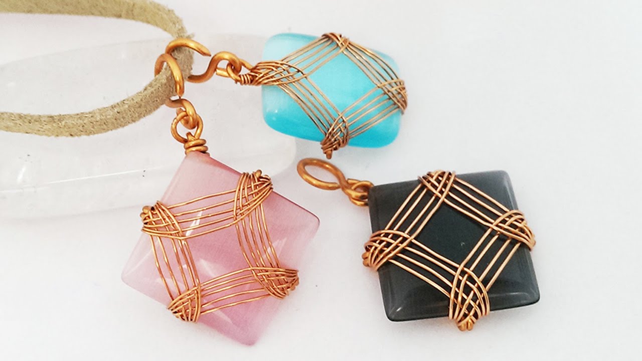Wire wrapped pendant with square and rectangular stones without holes 383