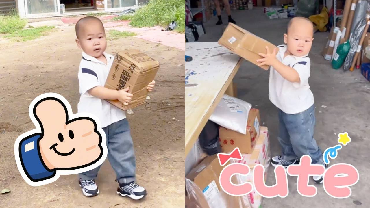 The little one is already able to toddle along and pick up the package for his mother.