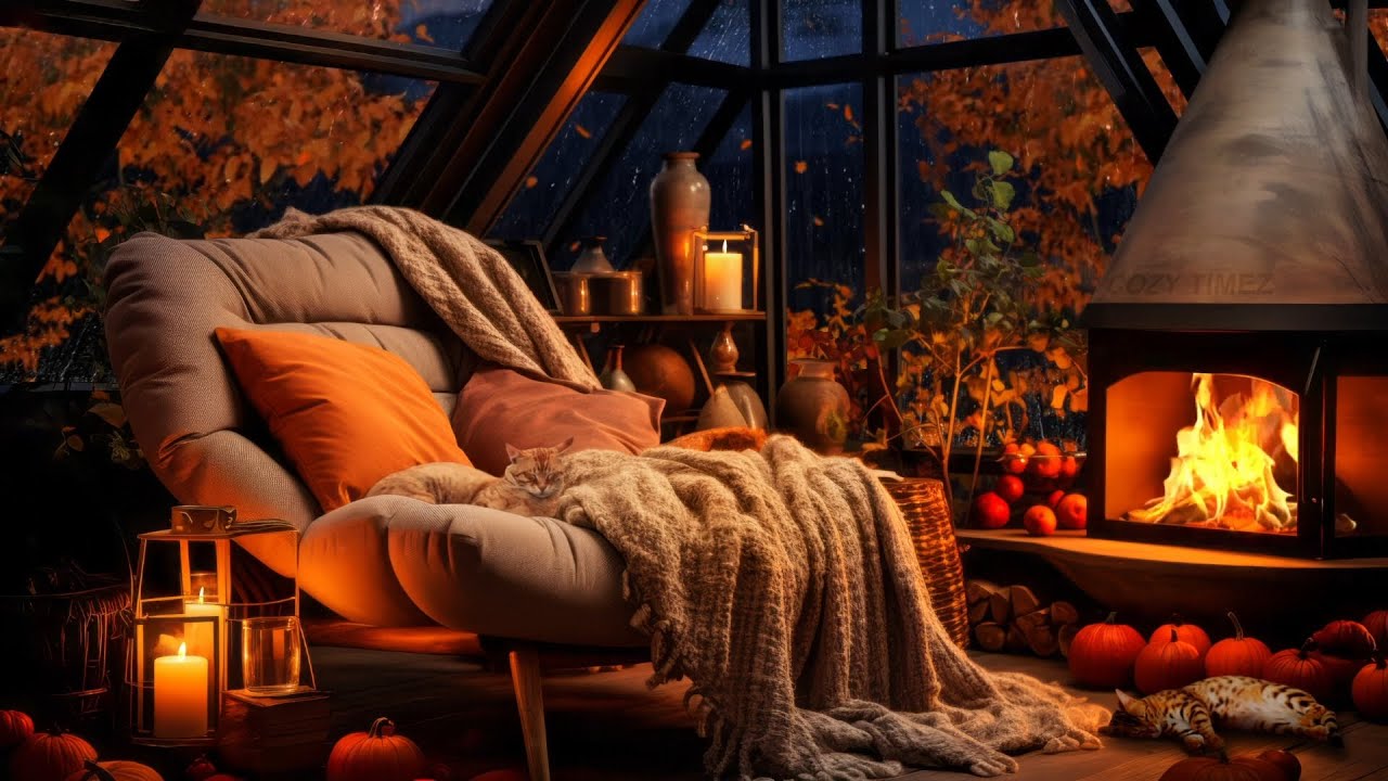 Cozy Reading Corner - Autumn Night with Thunderstorm, Rain, Crackling Fireplace & Sleeping Cats
