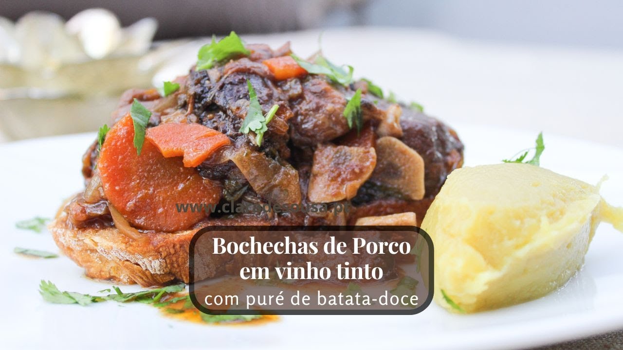 Bochechas de porco em Vinho Tinto (com puré de batata doce)