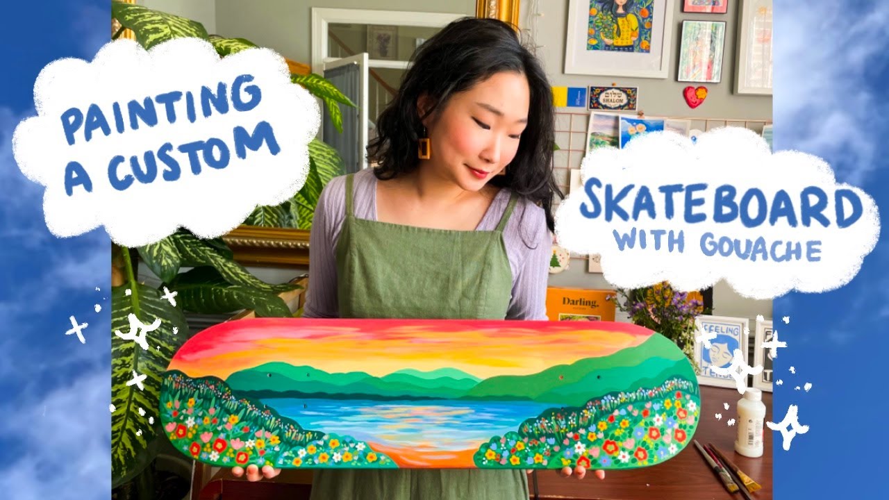 painting on a skateboard! custom landscape painting with acrylic gouache