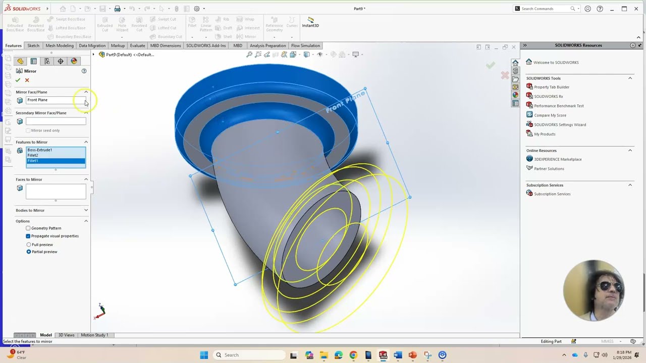 Partial revolve (45 degrees) boss in  SOLIDWORKS