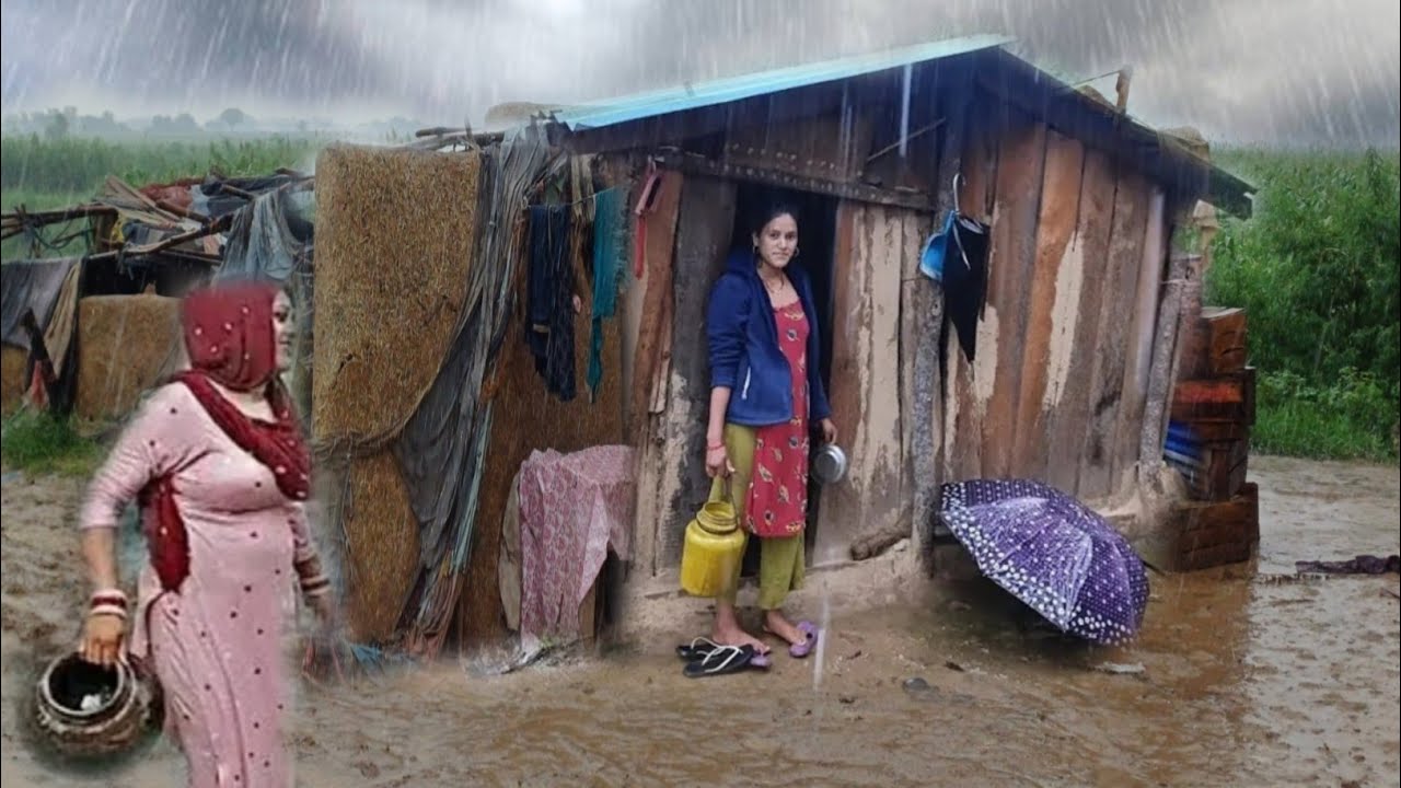 Very Heavy Rain In The Last Days of Winter Nomadic Village Punjab Pakistan