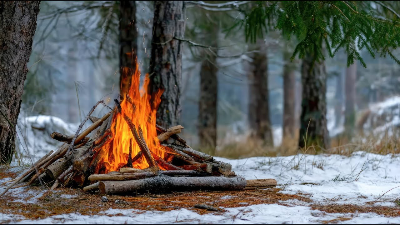 Snowy Campfire Ambience ❄️🔥 Real Crackling Flames for Calm Mind, Sleep & Focus