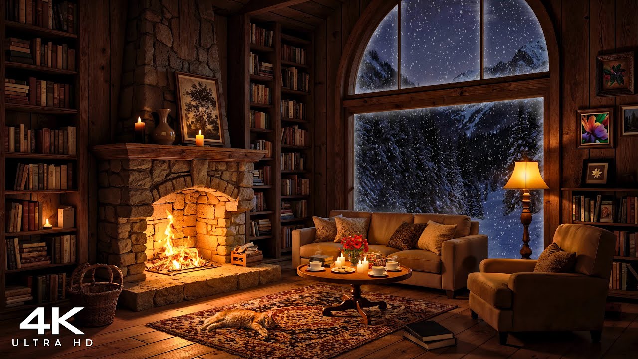 Winter Mountain Cabin Ambience 🌨️ Relaxing Jazz Music & Fireplace Sounds for Stress Relief
